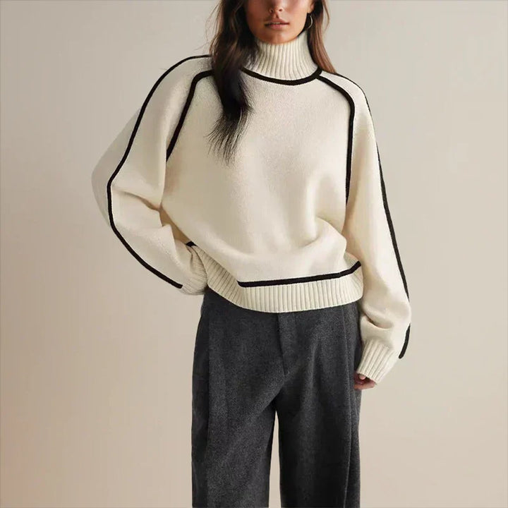 Damen Oversized Rollkragen Sweater Zweifarbig Strickpullover - Weiß