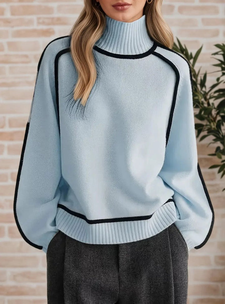 Damen Oversized Rollkragen Sweater Zweifarbig Strickpullover - Blau