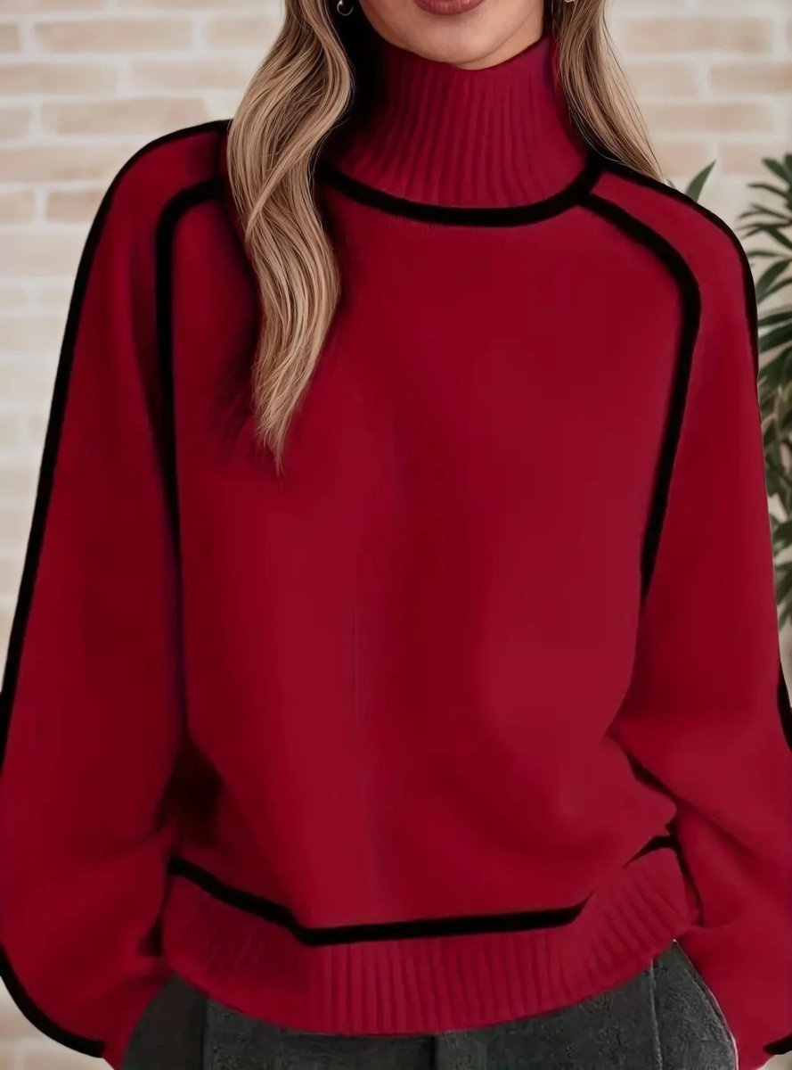Damen Oversized Rollkragen Sweater Zweifarbig Strickpullover - Rot