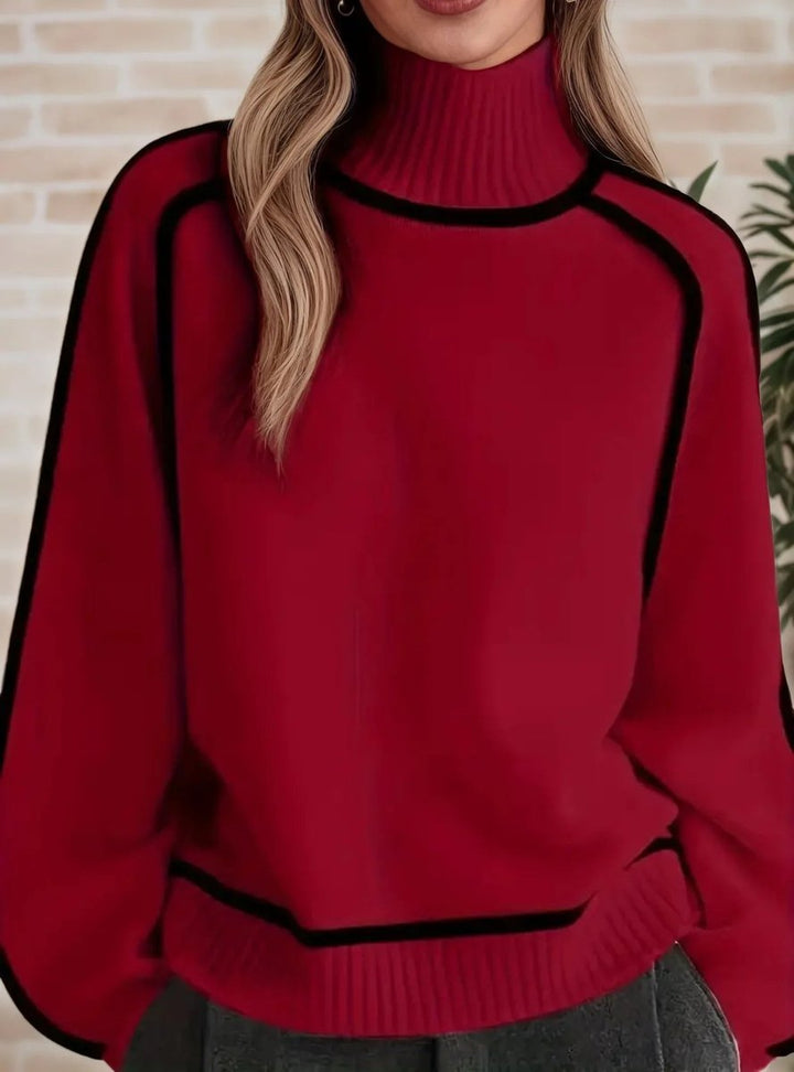 Damen Oversized Rollkragen Sweater Zweifarbig Strickpullover - Rot
