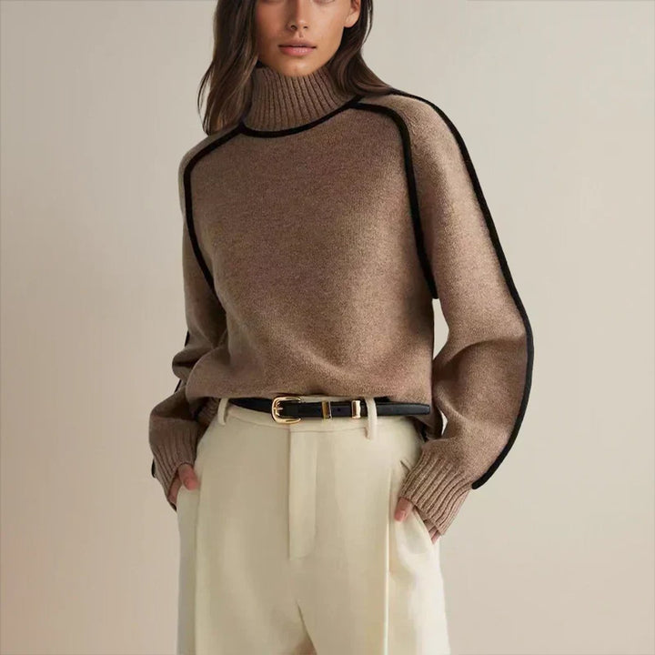 Damen Oversized Rollkragen Sweater Zweifarbig Strickpullover - Braun