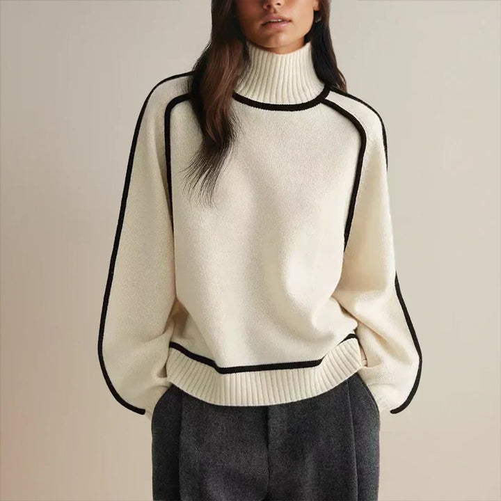 Damen Oversized Rollkragen Sweater Zweifarbig Strickpullover