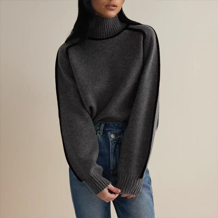 Damen Oversized Rollkragen Sweater Zweifarbig Strickpullover