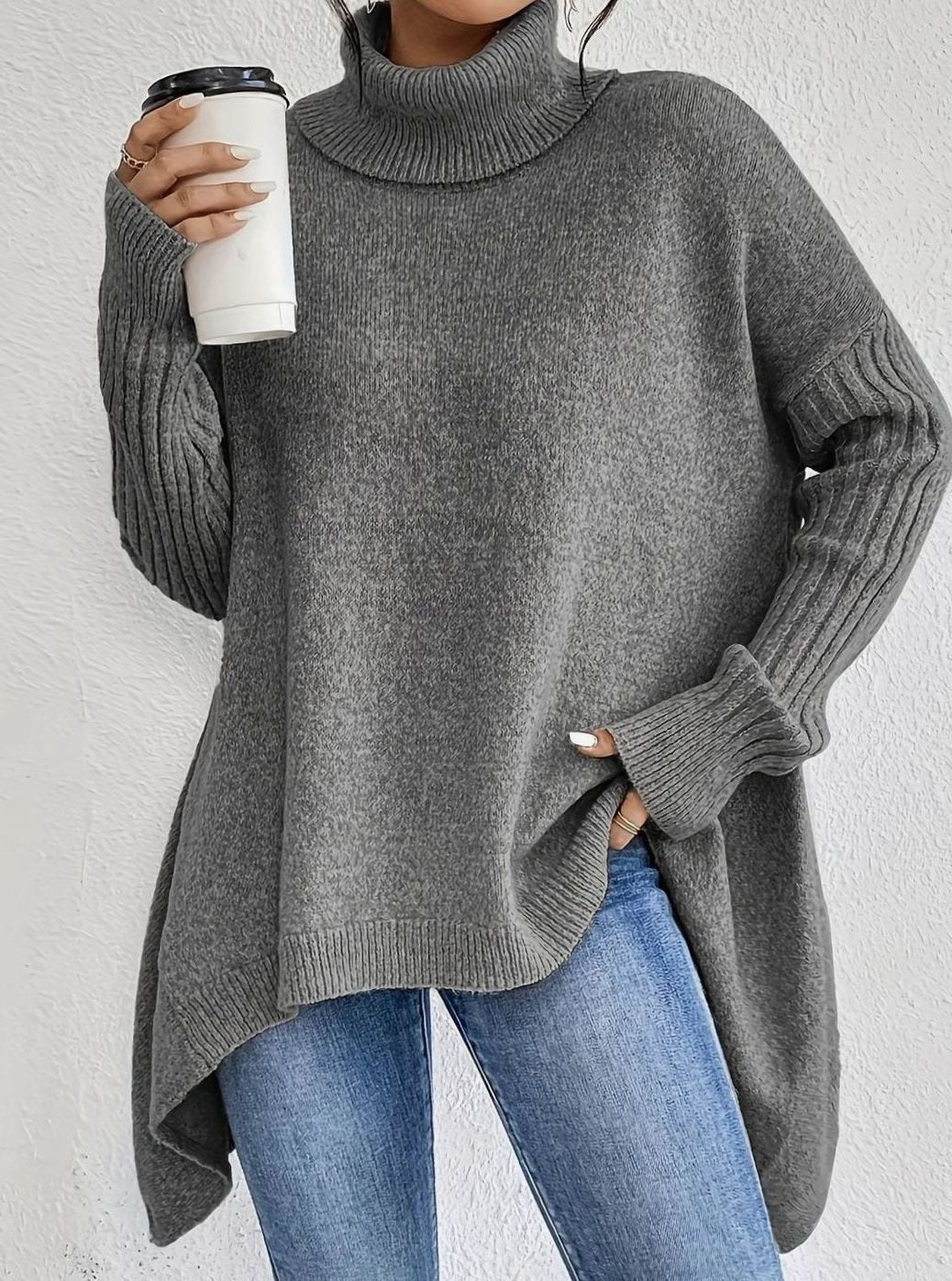Damen Oversized Rollkragen Winterpullover mit hohem Kragen - Grau