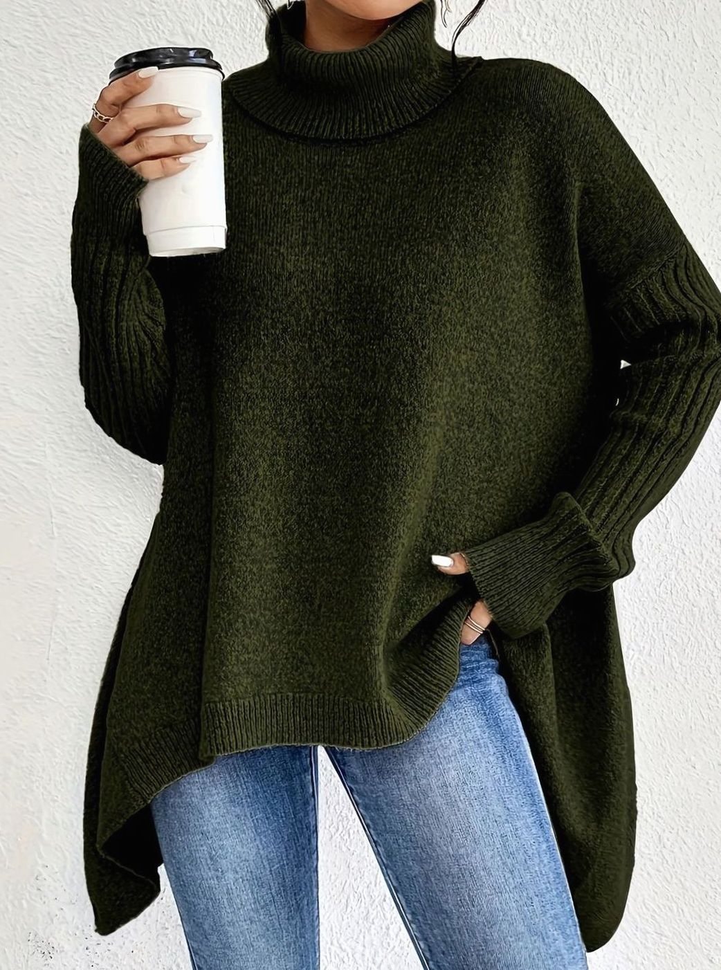 Damen Oversized Rollkragen Winterpullover mit hohem Kragen - Dunkelgrün