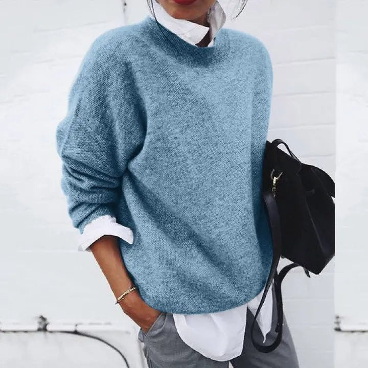 Damen Oversized Rundhals Kaschmir-Blend Strickpullover - Blue
