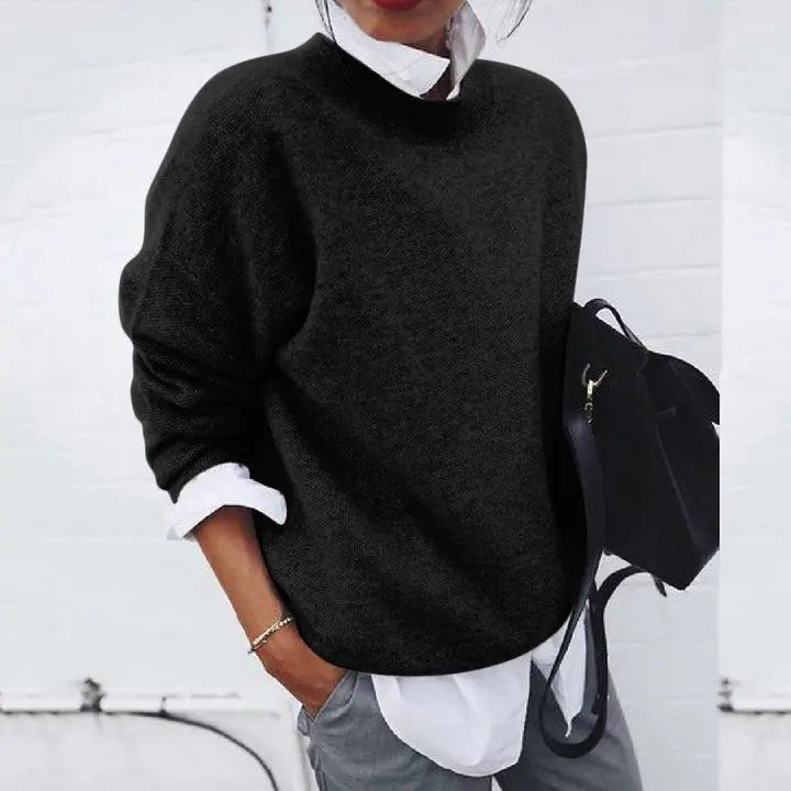 Damen Oversized Rundhals Kaschmir-Blend Strickpullover - Black