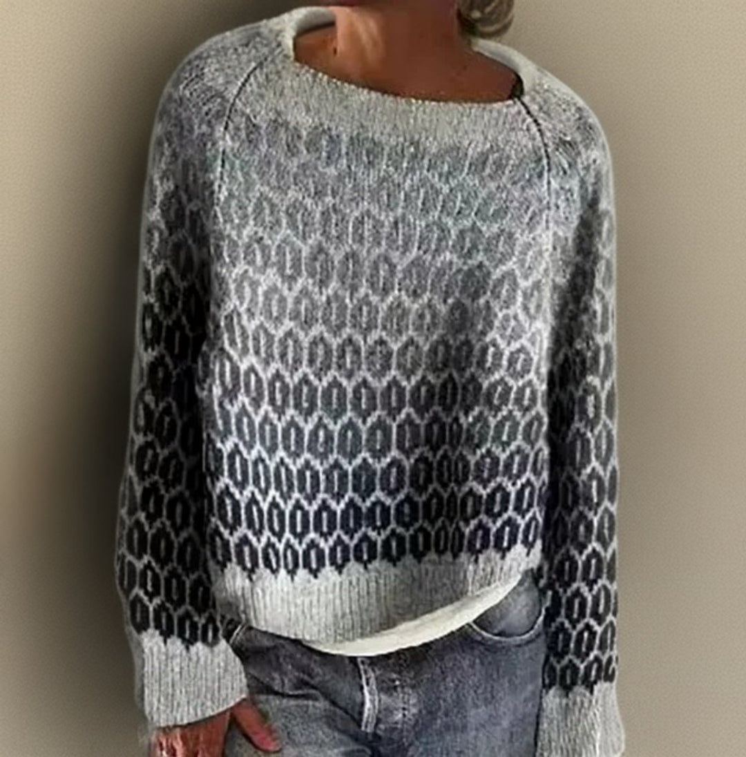 Damen Oversized Rundhals Knit Sweater mit Farbverlauf Muster - Grau