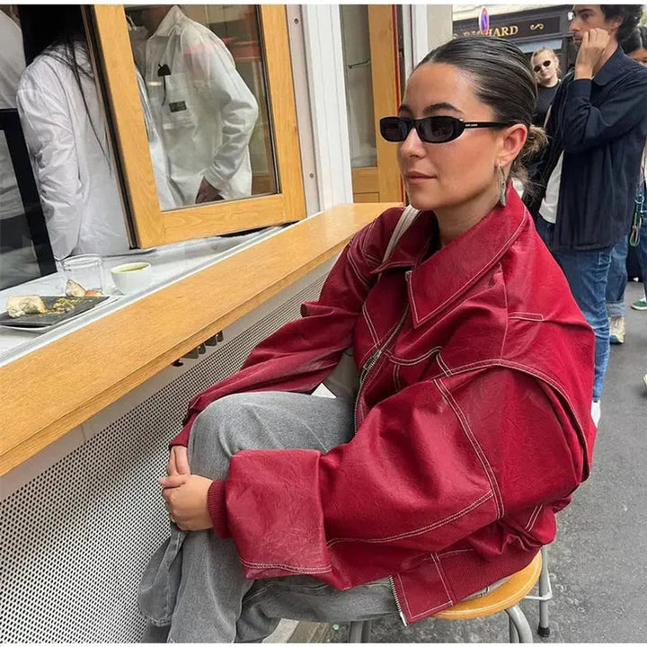 Damen Oversized Steppjacke Bomberjacke mit Kontrastnähten