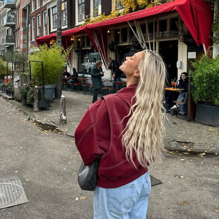 Damen Oversized Steppjacke Bomberjacke mit Kontrastnähten