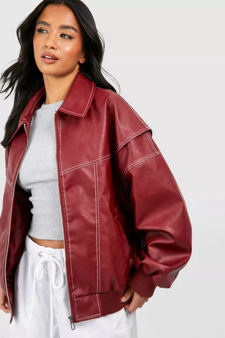 Damen Oversized Steppjacke Bomberjacke mit Kontrastnähten - Weinrot