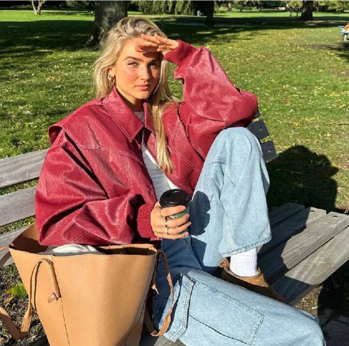 Damen Oversized Steppjacke Bomberjacke mit Kontrastnähten