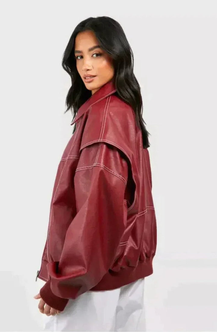 Damen Oversized Steppjacke Bomberjacke mit Kontrastnähten