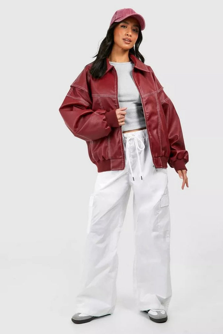 Damen Oversized Steppjacke Bomberjacke mit Kontrastnähten
