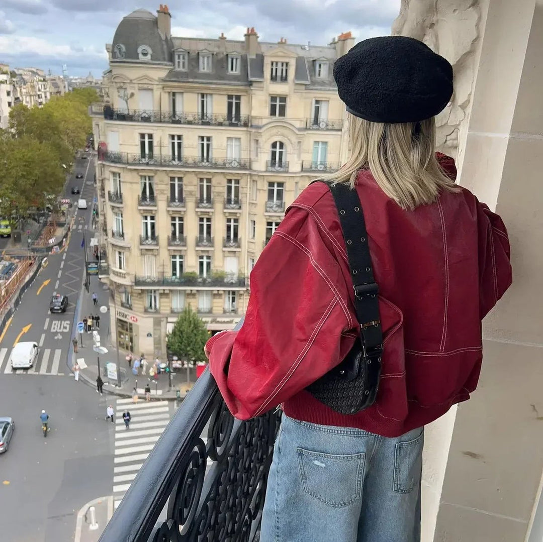 Damen Oversized Steppjacke Bomberjacke mit Kontrastnähten