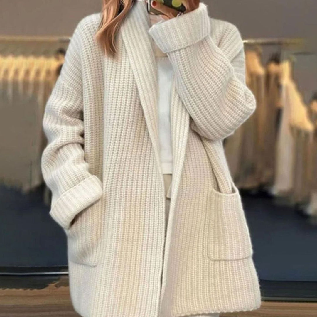 Damen Oversized Strickjacke offenem Vorderteil Taschen - Beige