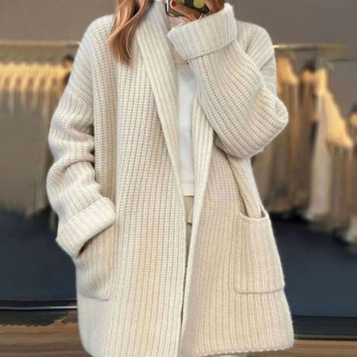 Damen Oversized Strickjacke offenem Vorderteil Taschen - Beige