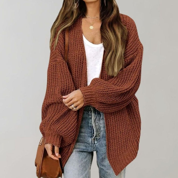 Damen Oversized Strickjacke offener Vorderseite Langarm - Kaffee