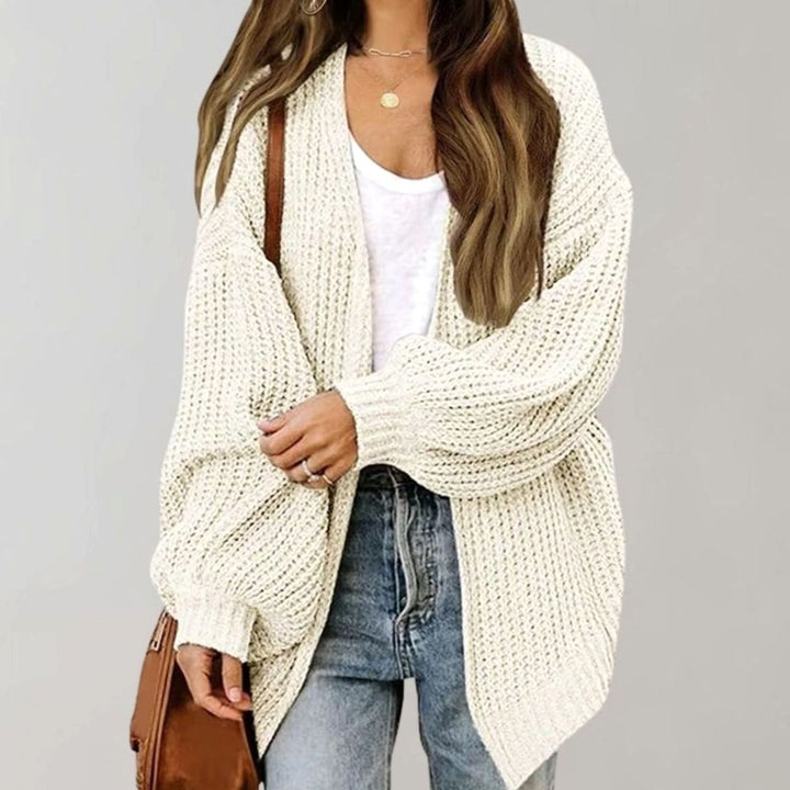 Damen Oversized Strickjacke offener Vorderseite Langarm - Weiß