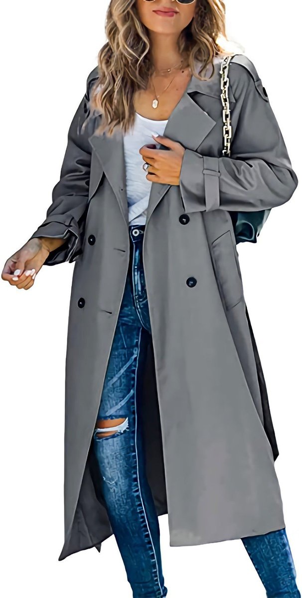 Damen Oversized Trench Coat mit Bindegürtel - Grau