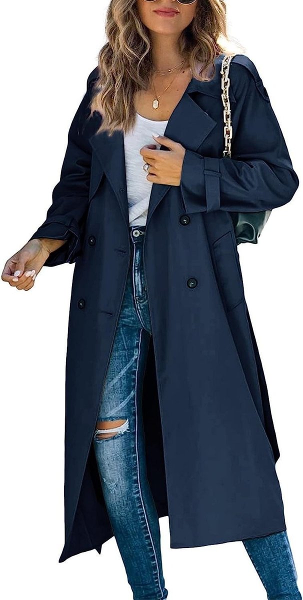 Damen Oversized Trench Coat mit Bindegürtel - Marineblau