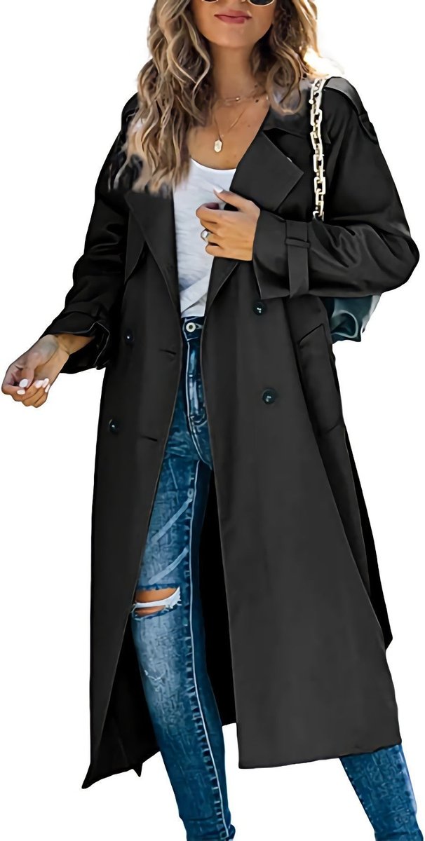 Damen Oversized Trench Coat mit Bindegürtel - Schwarz