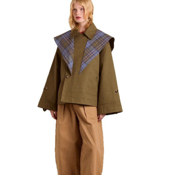 Damen Oversized Trench Coat mit Karodetails zweireihig