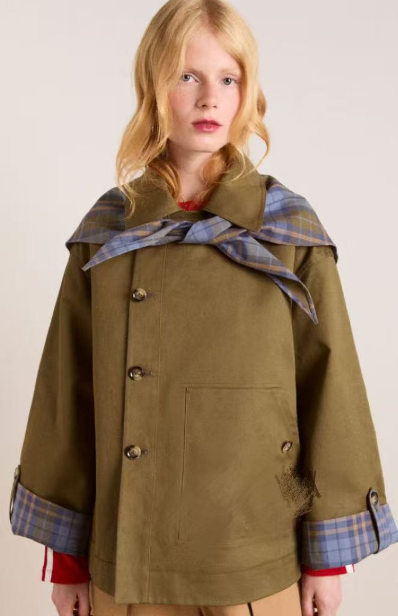 Damen Oversized Trench Coat mit Karodetails zweireihig - Braun