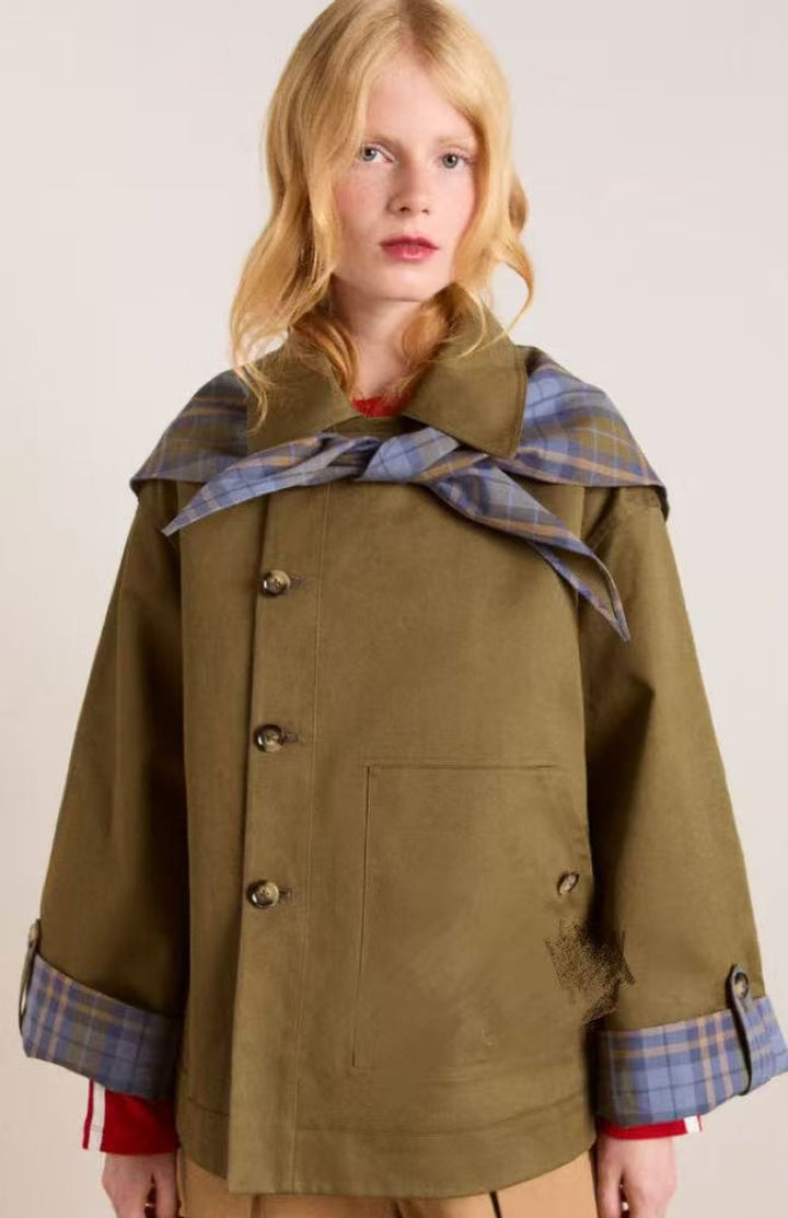 Damen Oversized Trench Coat mit Karodetails zweireihig - Braun