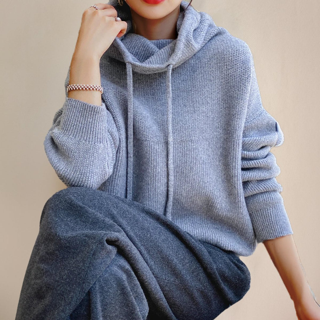 Damen Oversized Turtleneck Sweater Kapuze Merinowolle