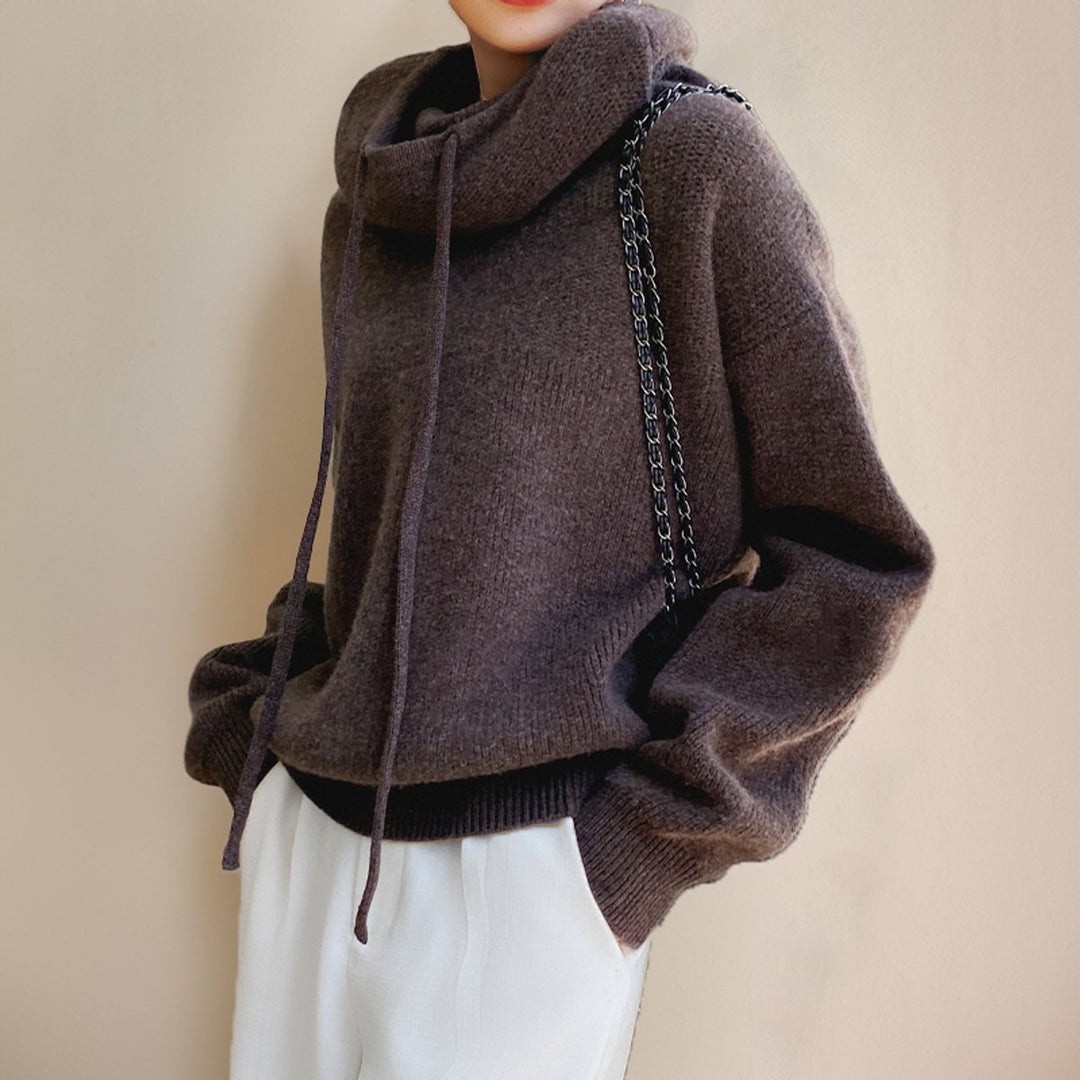 Damen Oversized Turtleneck Sweater Kapuze Merinowolle
