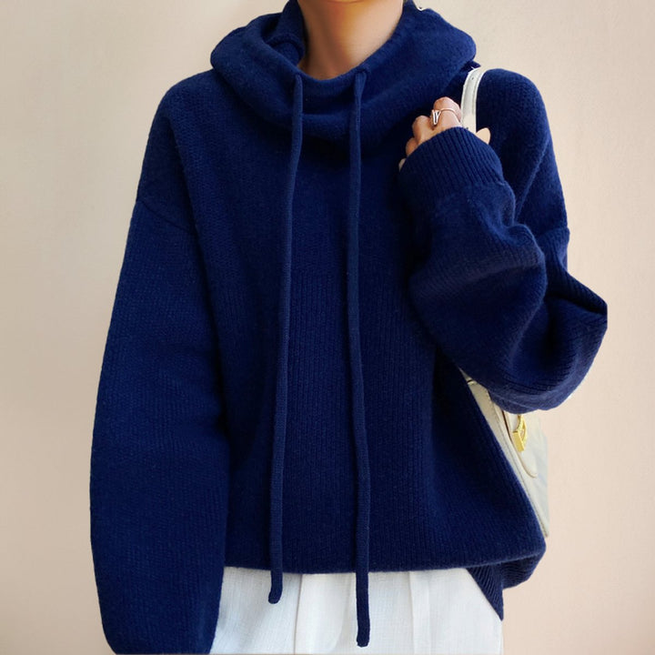 Damen Oversized Turtleneck Sweater Kapuze Merinowolle - Blau