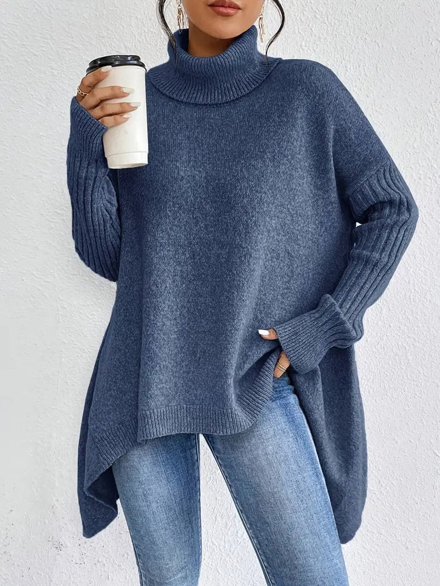 Damen Oversized Turtleneck Sweater Langer Rollkragenpullover Gerippte Bündchen - Ozeanblau