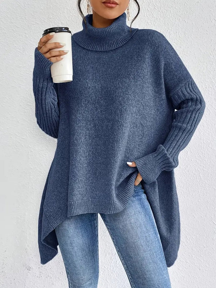 Damen Oversized Turtleneck Sweater Langer Rollkragenpullover Gerippte Bündchen - Ozeanblau