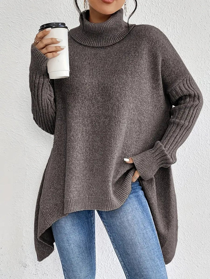 Damen Oversized Turtleneck Sweater Langer Rollkragenpullover Gerippte Bündchen - Espresso Braun