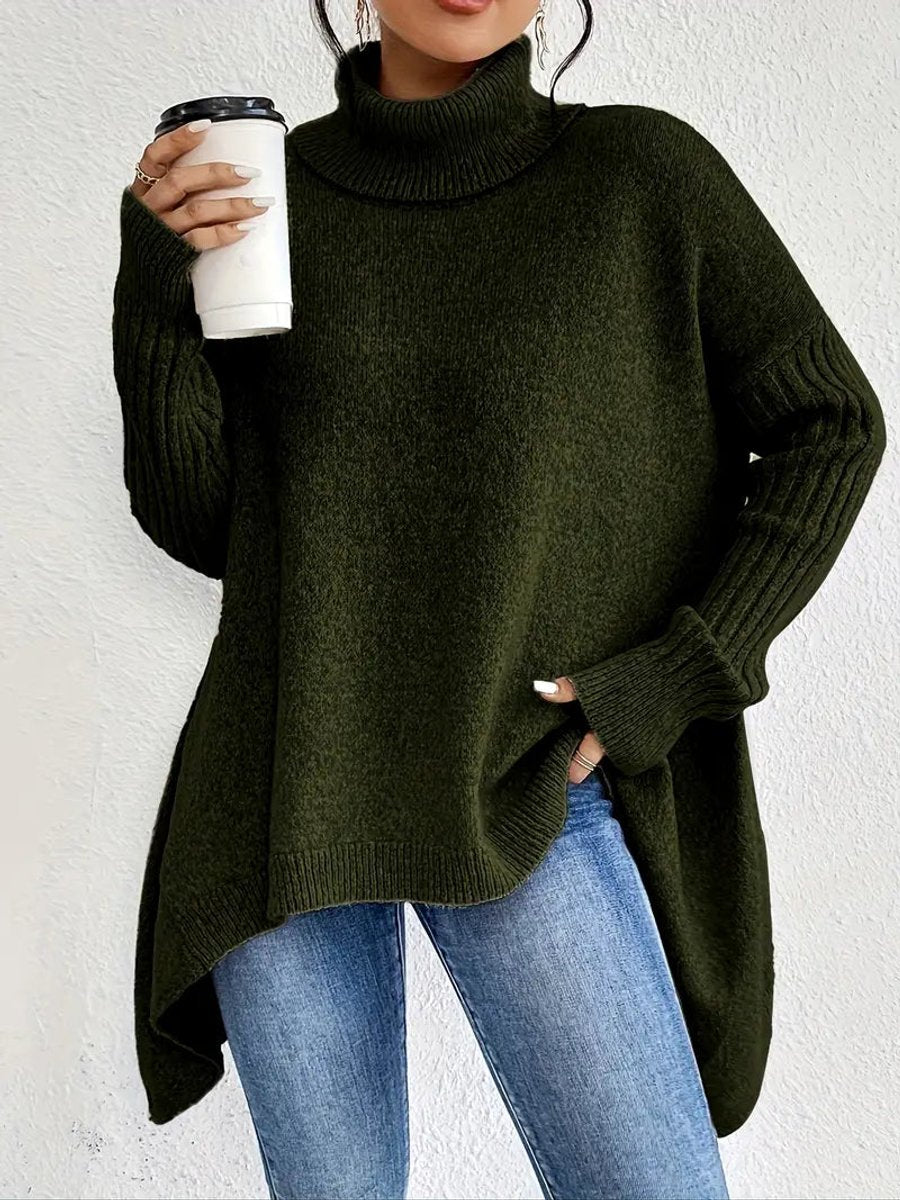 Damen Oversized Turtleneck Sweater Langer Rollkragenpullover Gerippte Bündchen - Kieferngrün