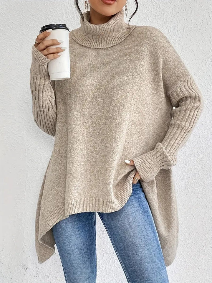 Damen Oversized Turtleneck Sweater Langer Rollkragenpullover Gerippte Bündchen - Wüstenkhaki