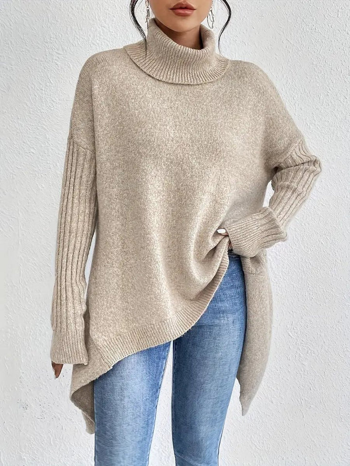 Damen Oversized Turtleneck Sweater Langer Rollkragenpullover Gerippte Bündchen