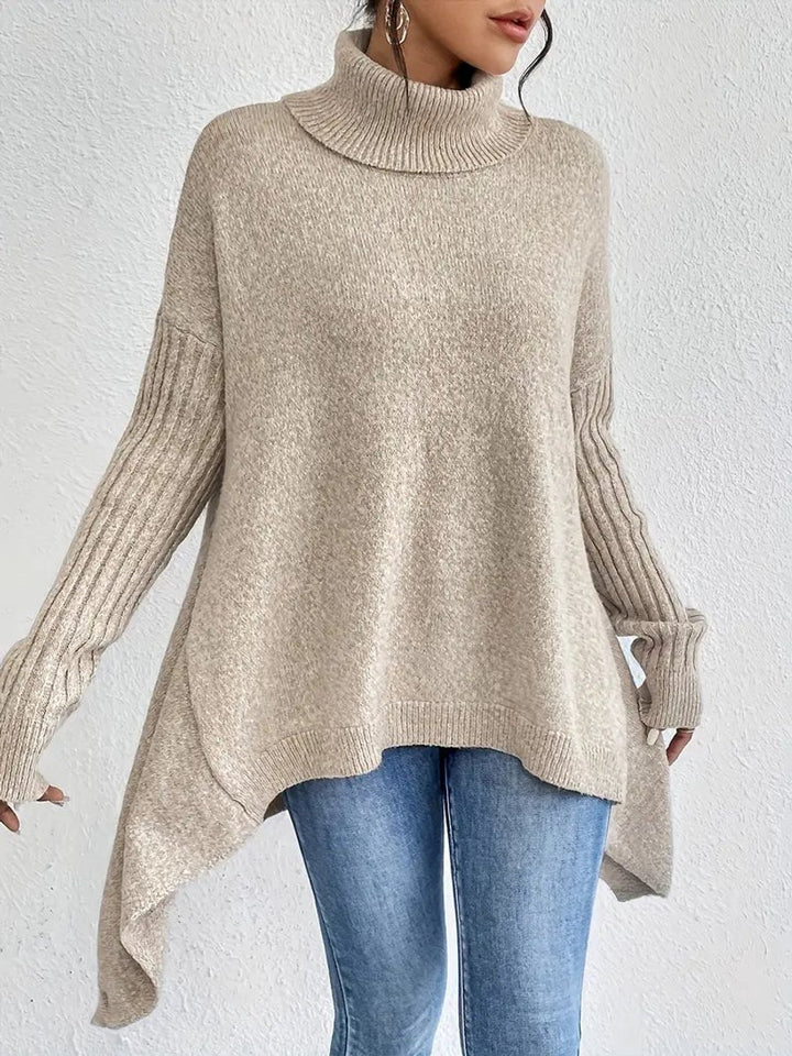 Damen Oversized Turtleneck Sweater Langer Rollkragenpullover Gerippte Bündchen