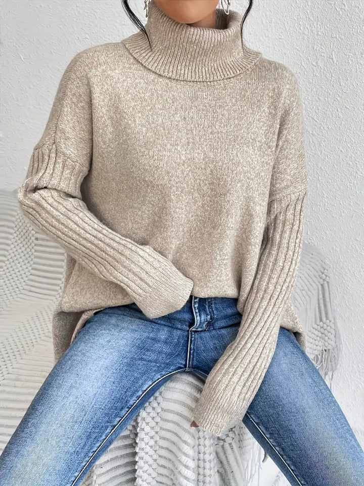 Damen Oversized Turtleneck Sweater Langer Rollkragenpullover Gerippte Bündchen