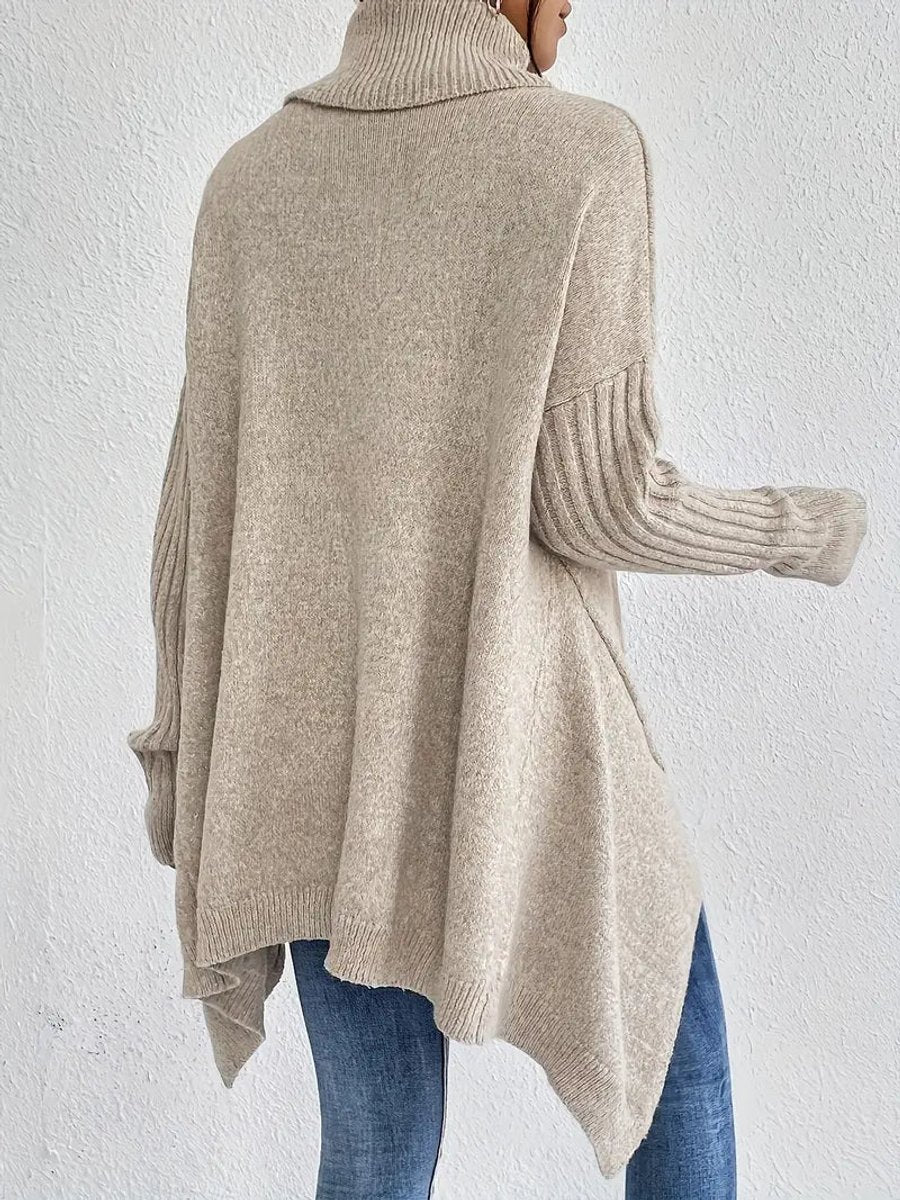 Damen Oversized Turtleneck Sweater Langer Rollkragenpullover Gerippte Bündchen