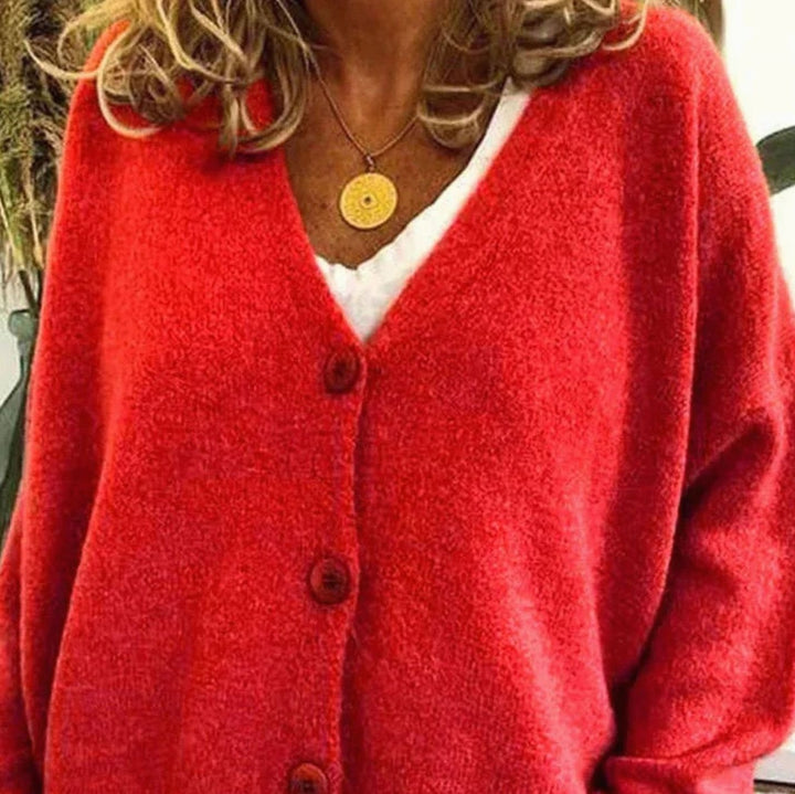 Damen Oversized V-Ausschnitt Strickjacke mit Knöpfen - Rot