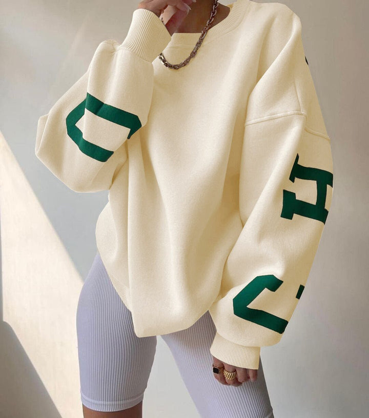 Damen Oversized Varsity-Print Fleece-Sweatshirt mit Rundhalsausschnitt - Cream