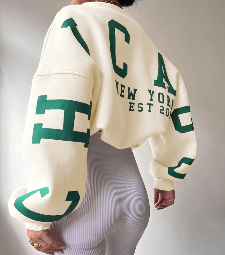 Damen Oversized Varsity-Print Fleece-Sweatshirt mit Rundhalsausschnitt