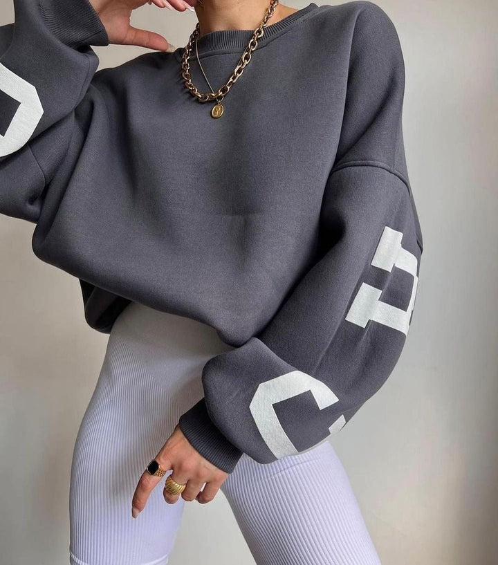 Damen Oversized Varsity-Print Fleece-Sweatshirt mit Rundhalsausschnitt - Grey
