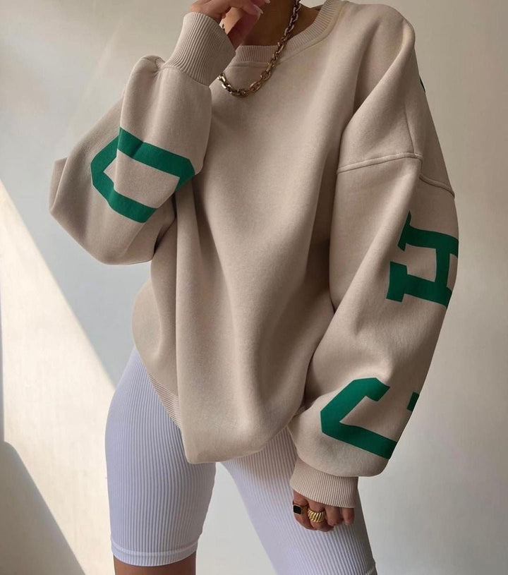 Damen Oversized Varsity-Print Fleece-Sweatshirt mit Rundhalsausschnitt - Khaki
