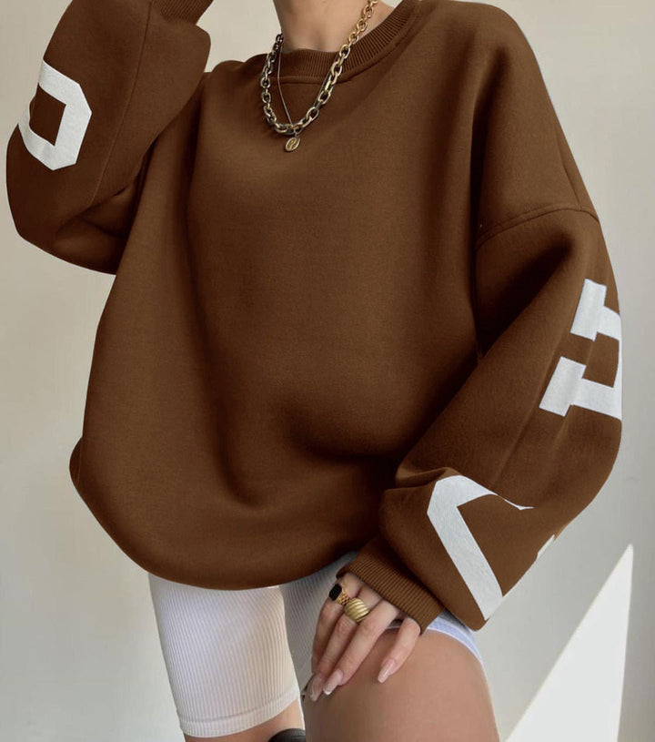 Damen Oversized Varsity-Print Fleece-Sweatshirt mit Rundhalsausschnitt - Brown