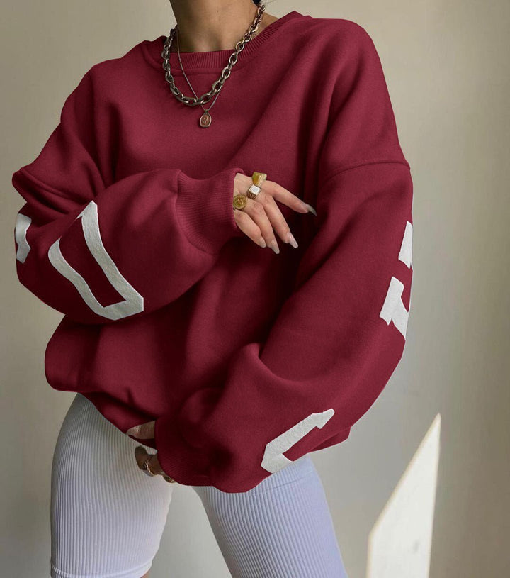 Damen Oversized Varsity-Print Fleece-Sweatshirt mit Rundhalsausschnitt - Burgundy