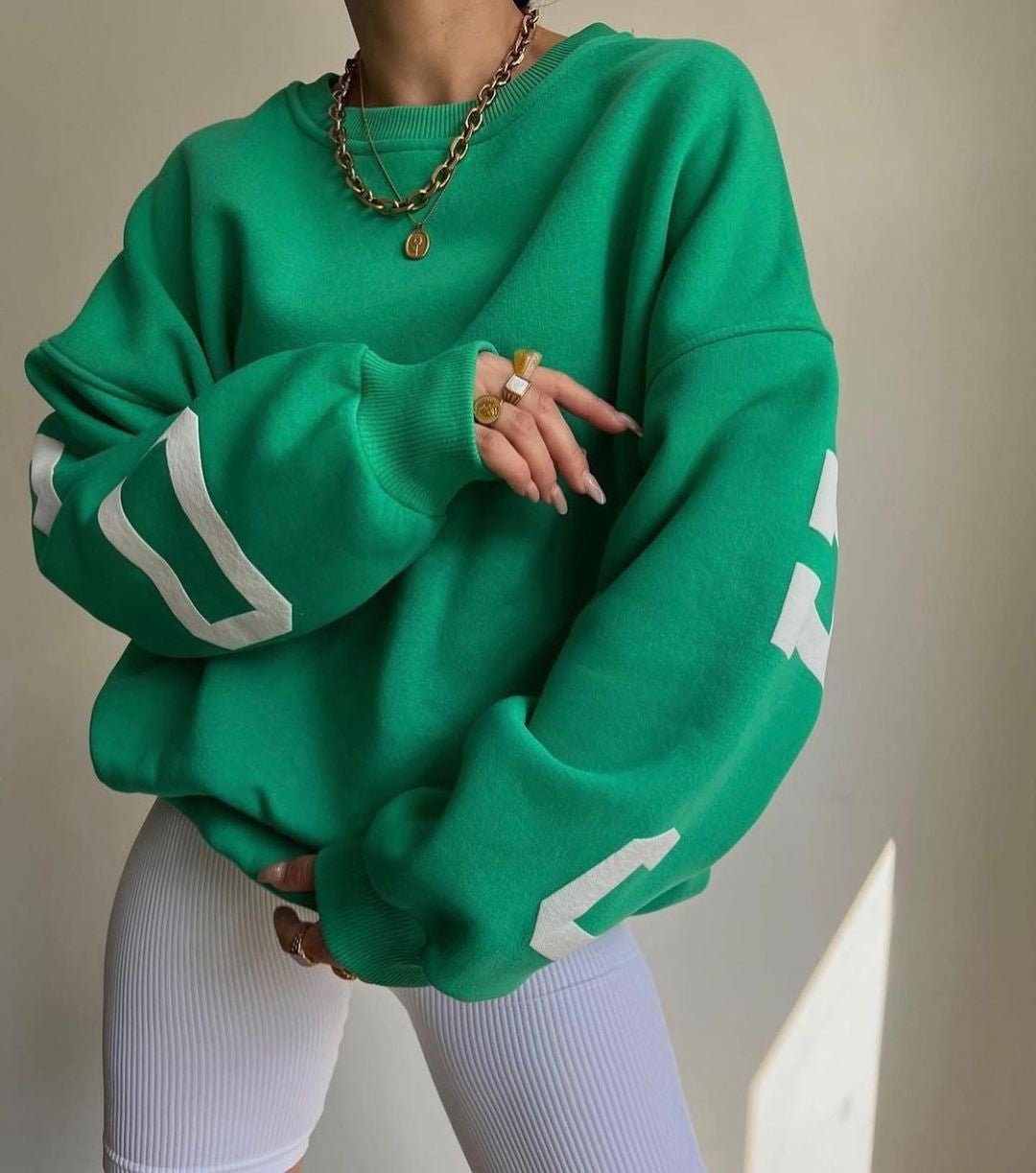 Damen Oversized Varsity-Print Fleece-Sweatshirt mit Rundhalsausschnitt - Green