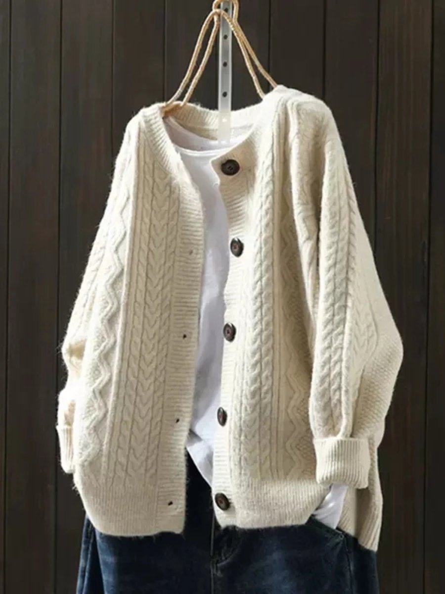 Damen Oversized Zopfmuster Cardigan mit Knopfleiste - Beige